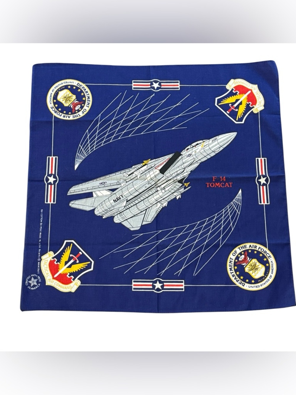 Vintage Wamcraft Military F-14 Tomcat Bandanna Or Wall Hanging Blue Gold White